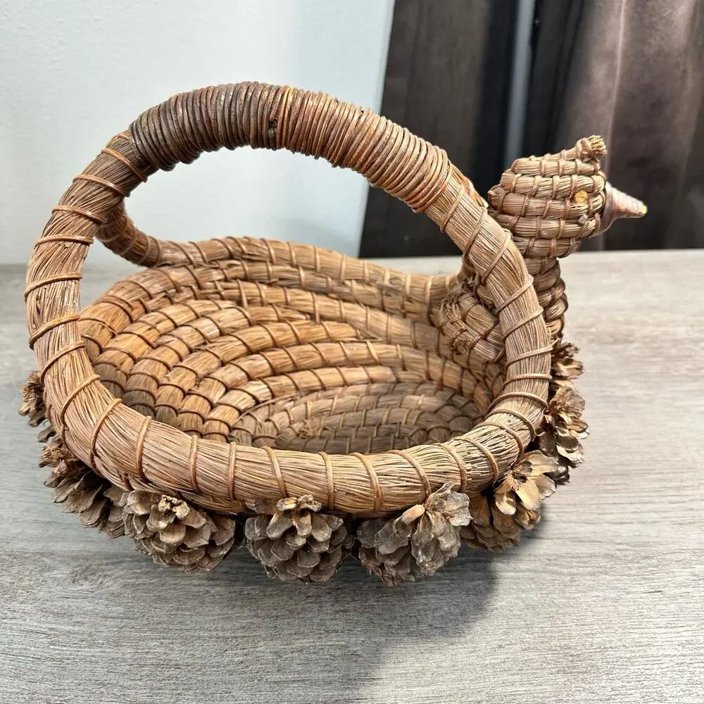 Vintage Native American Pine Needle Basket Bird with Pinecones
